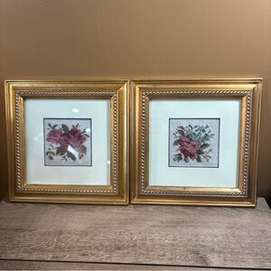 2 Floral Needlepoint Gold Glass Matte Frame Cross stitch Pair Hanging 10.5x10.5